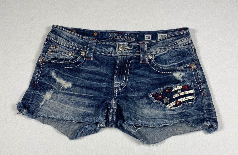 Miss Me Women's Denim Shorts Size 28 Patriotic Rhinestone Studded Distressed